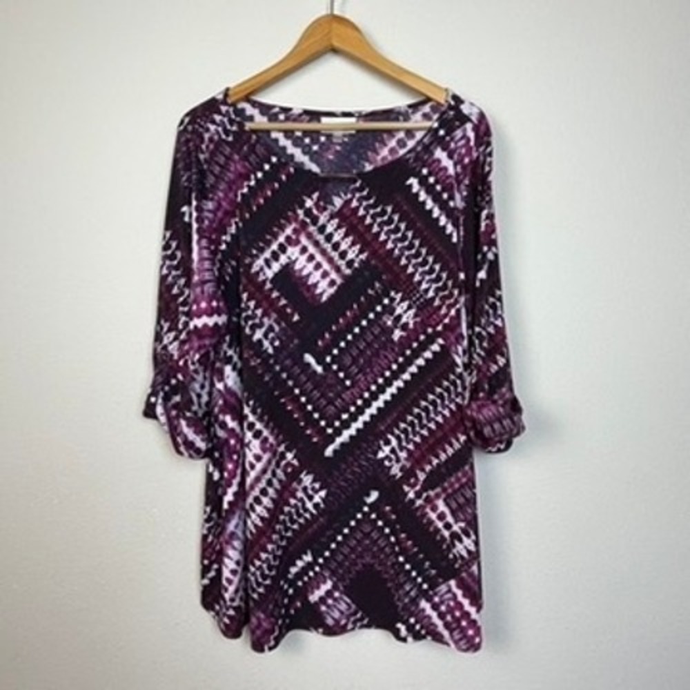 Avenue Women's 22/24 Purple Geometric Print V-Neck Tunic Top 3/4 Sleeve Plus